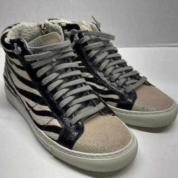 P448 Shoes - P448 Sneakers High Tops Lace Up Shoes Zebra Print Pony Hair Black White Size 38